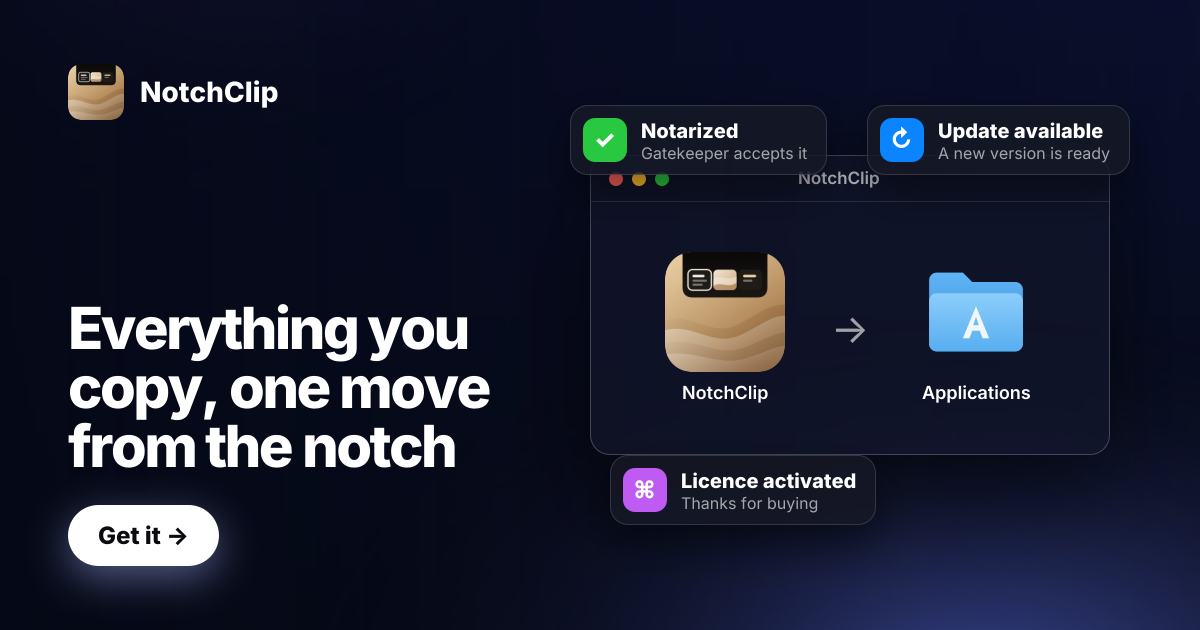 [Dev] I built NotchClip in 2 hours: clipboard history in your notch. You can try the full purchase f